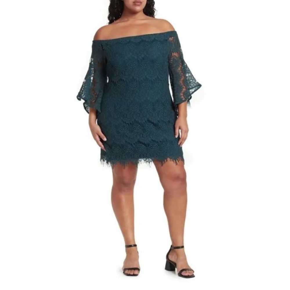 City Chic Women's Bella Off the Shoulder Long Sleeve Mini Dress Emerald Size 14